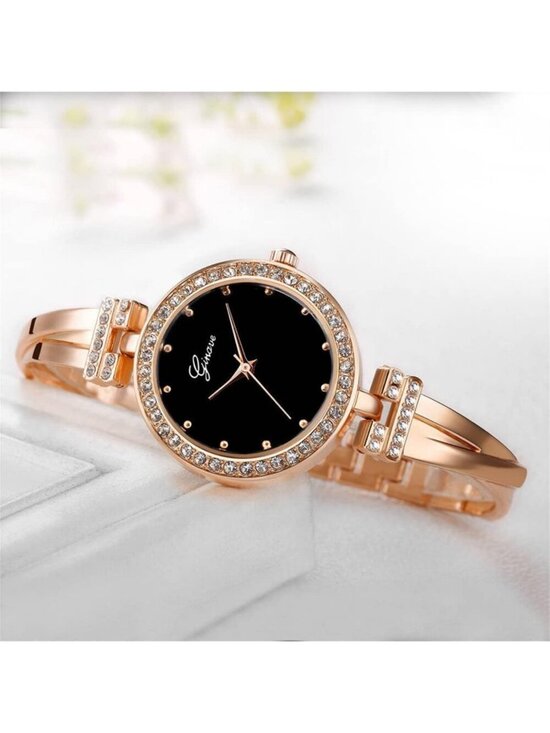 Women\'s Rose Gold Black Analog Quartz Bangle Jewelry 4 Bracelets Set Wrist Watch